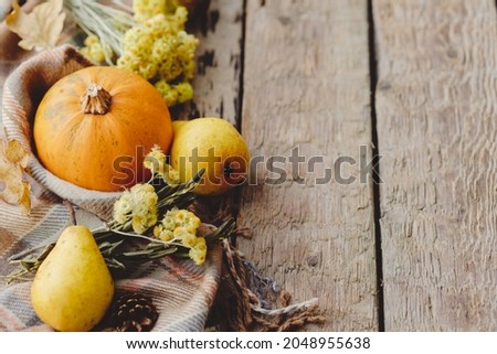 Happy Thanksgiving. Stylish pumpkin, autumn leaves, flowers, pears and cozy blanket on rustic old wooden background. Rural fall border with space for text. Halloween