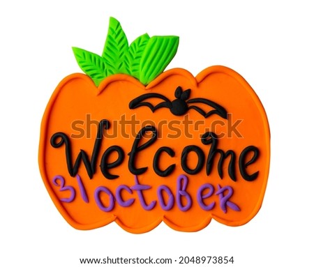 Orange squash pumpkin handmade in plasticine clay cartoon vegetable for October Halloween party. Welcome holiday banner isolated on white background.