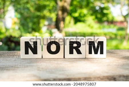 Four wooden blocks lie on a wooden table against the backdrop of a summer garden and create the word NORM. Concept for your design Royalty-Free Stock Photo #2048975807