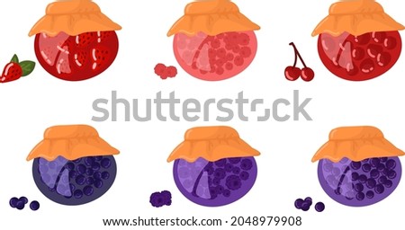 A set of vector images of jars with strawberry, raspberry, cherry, black currant, blueberry and blackberry jam.