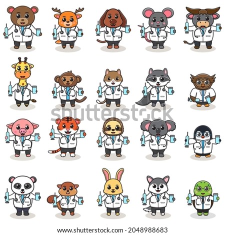 Vector illustration of Cute Character Cartoon of Animal Doctor with Vaccine. Good for label, sticker, clipart. white isolated background