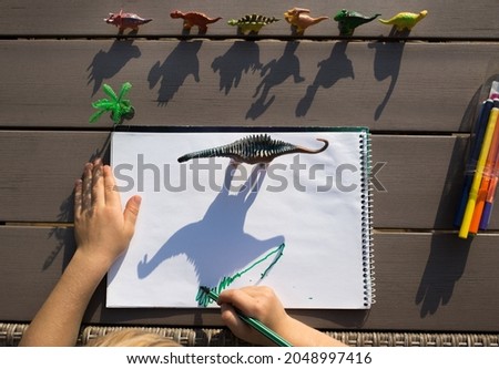 child draws contrasting shadows from toy dinosaurs with a felt-tip pen. drawing of a preschooler, creative ideas for children's creativity. Interesting activities for children