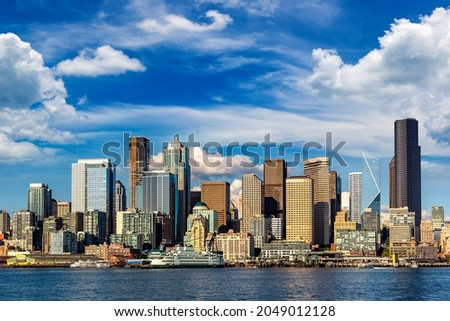 Panoramic view of Seattle cityscape at Elliott Bay in a sunny day, Washington, USA Royalty-Free Stock Photo #2049012128