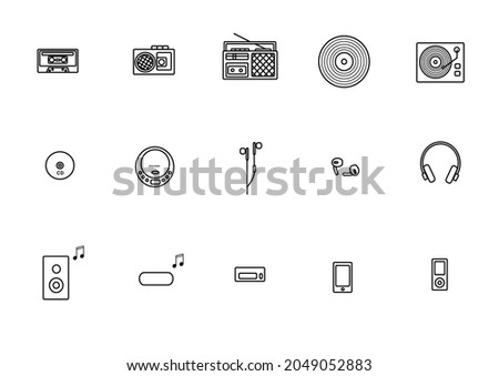 Simple Set of Audio Players Related Vector Line Icons. Contains icons such as Cassette tape, Cassette player, Boombox,   player, record player, CD, Discman, Earpiece, earphone, and more. Royalty-Free Stock Photo #2049052883