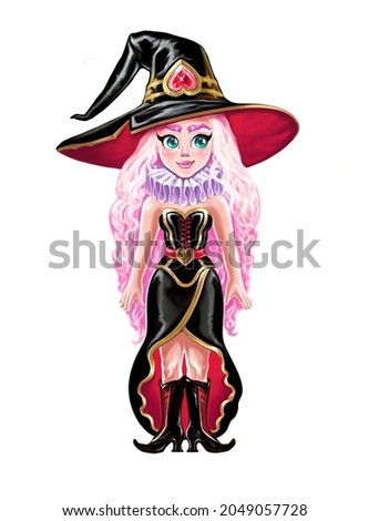 Halloween little tarot witch with pink hair in a black dress with corset and big hat. Concept casual mobile game magic girl character. Digital colorful witchcraft illustration.