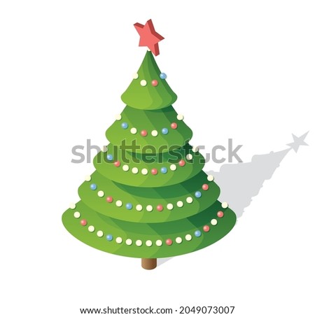 Isometric Christmas Tree with Red Star. Vector Illustration. 3d Icon Isolated on White. Happy New Year.