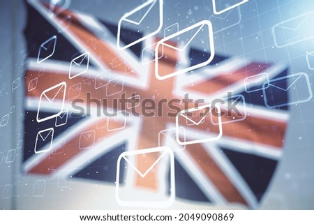 Double exposure of abstract virtual postal envelopes hologram on British flag and blue sky background. Electronic mail and spam concept