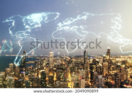 Multi exposure of abstract creative digital world map hologram on Chicago city skyline background, tourism and traveling concept