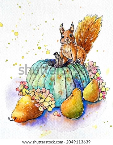 red squirrel sitting on a blue pumpkin