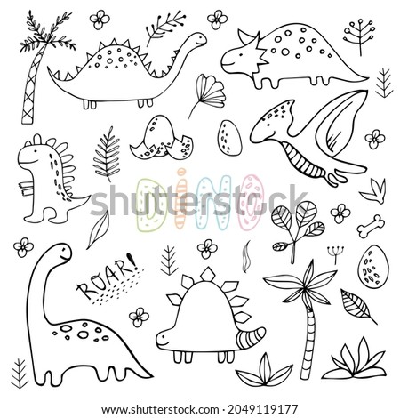 Hand drawn dinosaurs isolated on white background. Cute dino, flowers, palms. Kids doodle vector illustration.