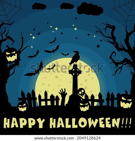 Illustration with a wish for a "Happy Halloween". Trees and scary pumpkins. Moon in center of landscape. Stars and bats with broken fence. Night Halloween banner.