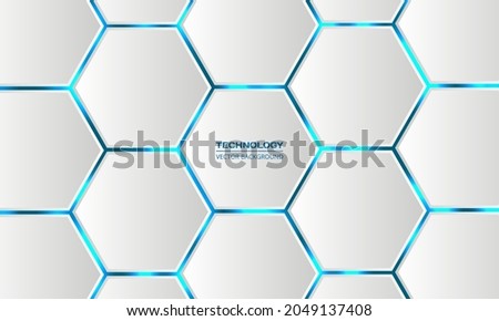 White 3d hexagonal technology vector abstract background. Blue bright energy flashes under hexagon in modern technology futuristic background vector illustration. White honeycomb texture grid. Royalty-Free Stock Photo #2049137408