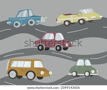 Cute collection Cartoon colourful Cars Isolated on grey background with abstract roads. Elements in flat hand drawn style for children rooms design, textile and fabric for kids clothes, for wallpaper.
