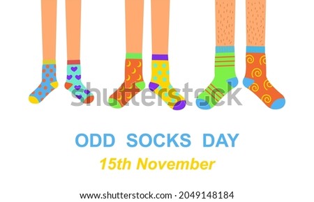 Odd socks day anti bullying week banner. Man, woman, and children feet in different colorful crazy socks. Vector flat illustration. Royalty-Free Stock Photo #2049148184
