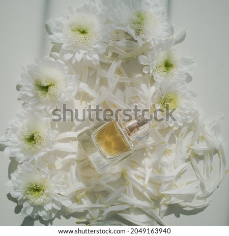 Eau de parfum for women among flowers of white chrysanthemums, flat lay. Vertical photo.