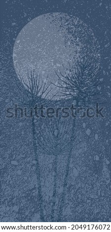 Abstract blue background with a texture of scuffs, irregularities, roughness, folds with a contour of plants and a light planet.  Vector illustration for web wallpapers, banners and backdrops
