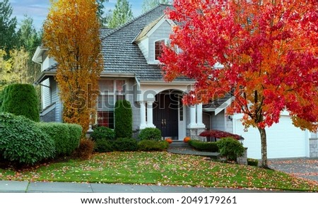 Suburban modern home during late autumn as leaves drop off tree on to yard 