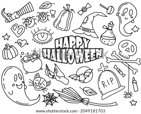 Happy Halloween doodle color clipart set.  Digital hand drawn sketched