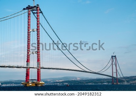 Construction of 1915 Canakkale Bridge (Köprüsü). Çanakkale -TURKEY Royalty-Free Stock Photo #2049182312