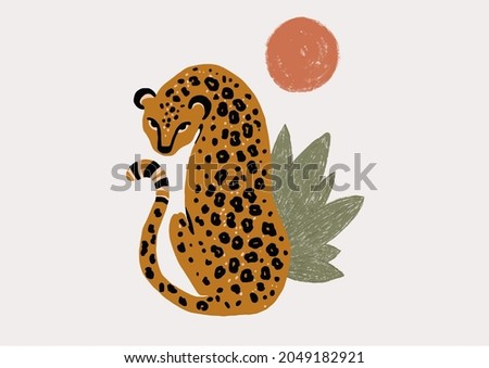 brown tiger with green leaf and orange sun