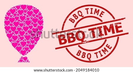 Textured BBQ Time stamp seal, and pink love heart collage for celebration balloon. Red round stamp seal has BBQ Time title inside circle.