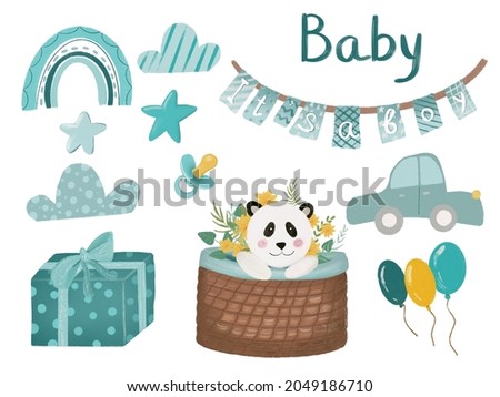 Collection of elements "it's a boy' for cards, posters, invitations, decor and design. 