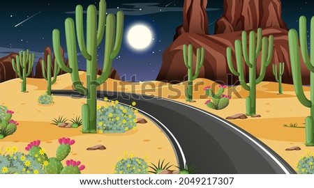 Desert forest landscape at night scene with long road illustration