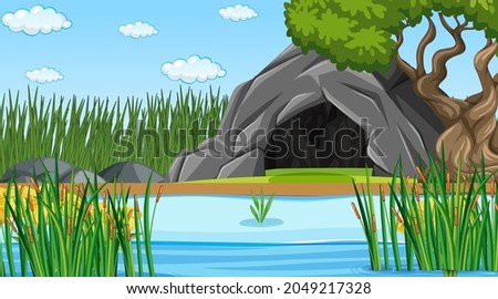 Nature forest landscape at daytime scene with stone cave illustration