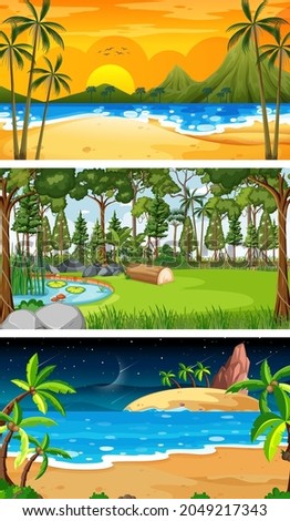 Set of different forest horizontal scenes in different times illustration