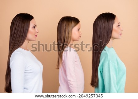 Profile side photo of calm family generation woman look empty space isolated on pastel beige color background