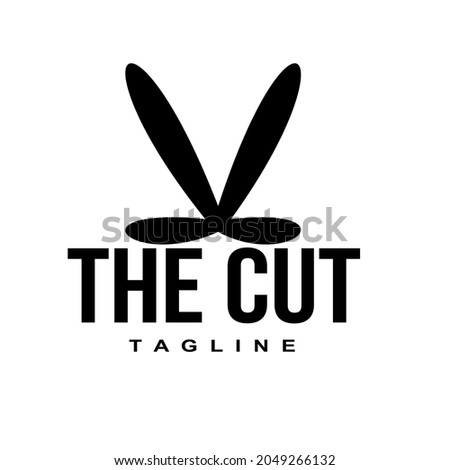 Scissors silhouette image vector logo and text THE CUT. suitable for editor applications.