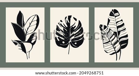 Set of three stencil graffiti posters. Contrasting minimalist vintage backgrounds. Illustration for decor, covers. Black silhouettes of hand drawn plants and leaves on a beige background. Monstera. Royalty-Free Stock Photo #2049268751
