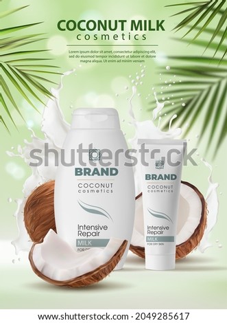 Coconut milk cosmetics, skin care cream and shampoo. Vector cosmetics poster, natural whole half coconut, tubes, palm leaves. Organic coconut beauty cosmetic product advertising, realistic 3d mockup Royalty-Free Stock Photo #2049285617