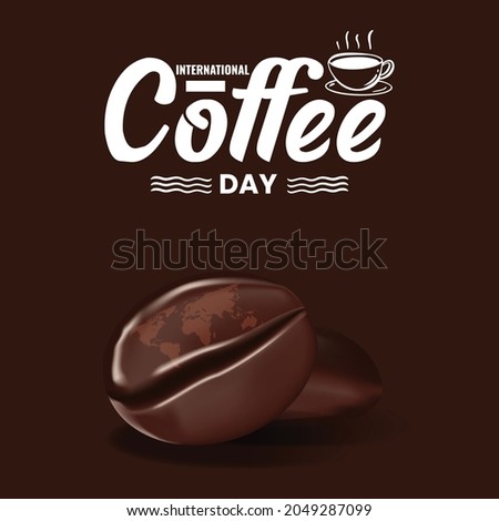 International Coffee Day banner vector illustration. World map on coffee bean.