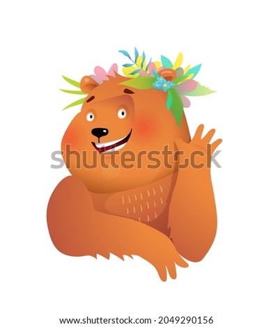 Cute lady bear waving hello wearing flowers crown on the head. Kids cheerful animal character illustration, cartoon in watercolor style.