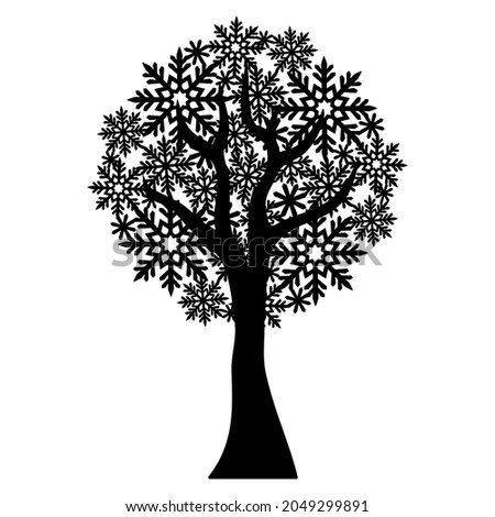 Silhouette of a tree with a round crown of snowflakes. Winter decoration for Christmas, New Years holidays. Theme of nature, plants. Black isolated object on a white background. Vector illustration. 