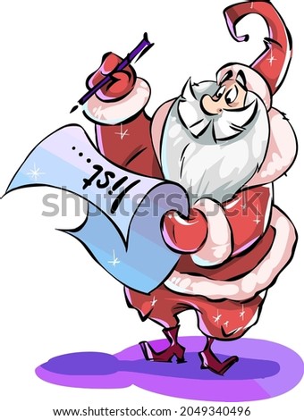 Cartoon funny Santa Claus reading a long list of gifts. On a white background.