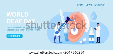 Deafness, Hearing Loss. Doctors Check Health of Ear, Hearing organ.  Deaf Patient with Hear Problem Visit Doctor Audiologist for Treatment. Medical examination, Test of Ears. Big Ear with Hearing Aid Royalty-Free Stock Photo #2049360284