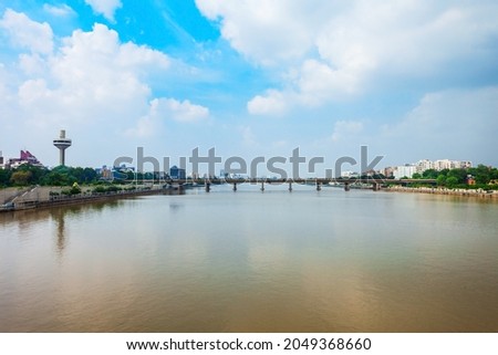 Sabarmati riverfront aerial view in the city of Ahmedabad, Gujarat state of India Royalty-Free Stock Photo #2049368660