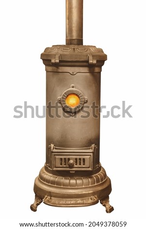 Ancient burning black stove isolated on a white background