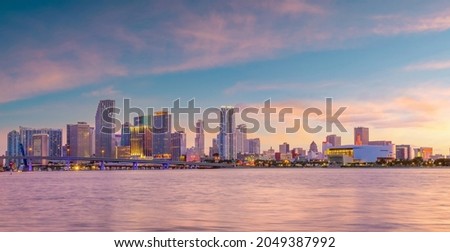 Miami city skyline cityscape of Florida in USA at sunset