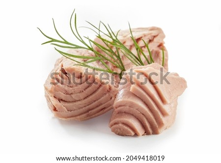 Closeup of sliced canned tuna fish fillet with sprig of fresh green dill on white background Royalty-Free Stock Photo #2049418019