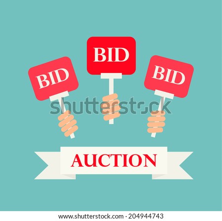 Hands holding auction paddles, vector illustration of auction or bidding Royalty-Free Stock Photo #204944743