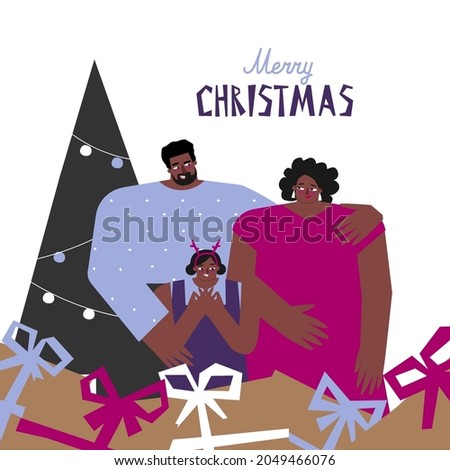 Vector concept of African American family with father, mother, girl staying near gift boxes and xmas tree. Card with hand drawn text - Merry Christmas. Happy holiday and presents unpacking by kid