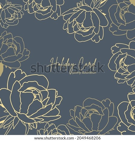 Trendy gold holiday floral card with line art peonies on dark blue. Luxury template with flowers.
