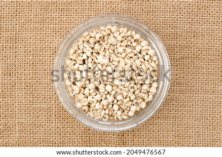 Job's tears( Adlay millet)  in a Glass bowl on burlap background