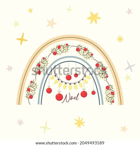 Christmas greeting card with scandinavian rainbow, garlands and decorations. Noel, Nativity scene. Cartoon design element for advent calendar, poster, banner, postcard, flyer, gift tags and labels.