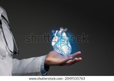 Heart issues medical concept. Photo of female doctor, empty space.  Royalty-Free Stock Photo #2049535763
