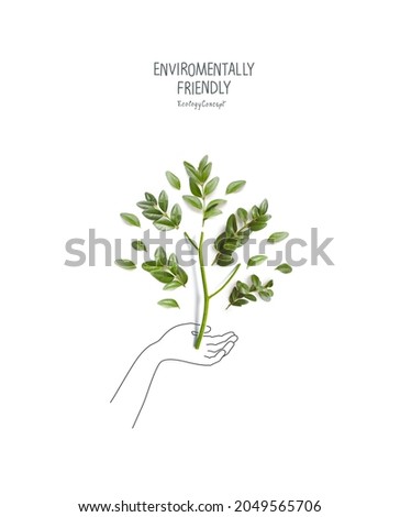 Environmentally friendly planet concept. Green tree, made of green leaves and sprout with sketches of hand holding plant. Think Green. Ecology Concept. Plant the tree. Protecting and love nature.Flat  Royalty-Free Stock Photo #2049565706