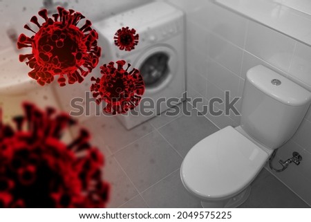 Bacteria molecules in bathroom. Bathroom with red viirus elements. Toilet bowl and washing machine in background. Bathroom is contaminated with bacteria. Three-dimensional viruses. Selective focus